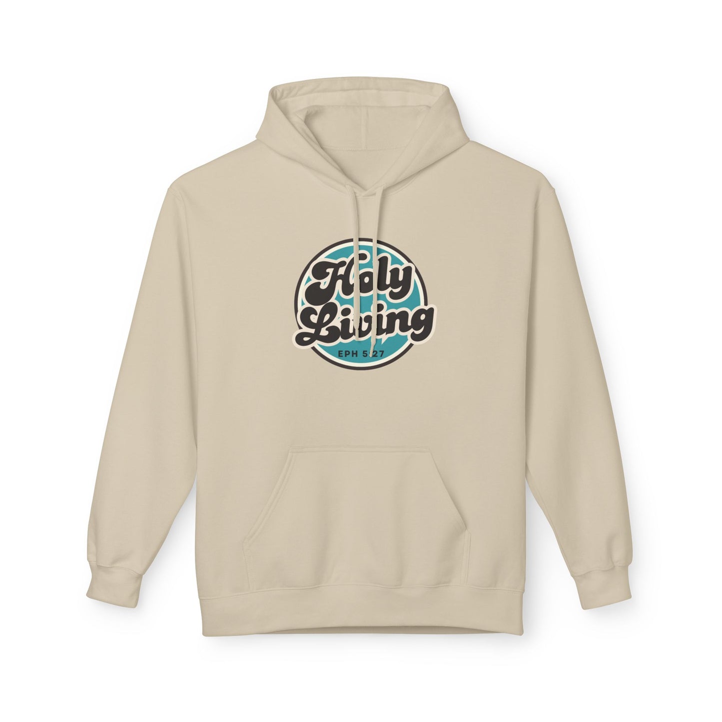Christ Centered Faith men's Christian hoodie with "Holy Living Ephesians 5:27" text in black with blue circle on beige background.