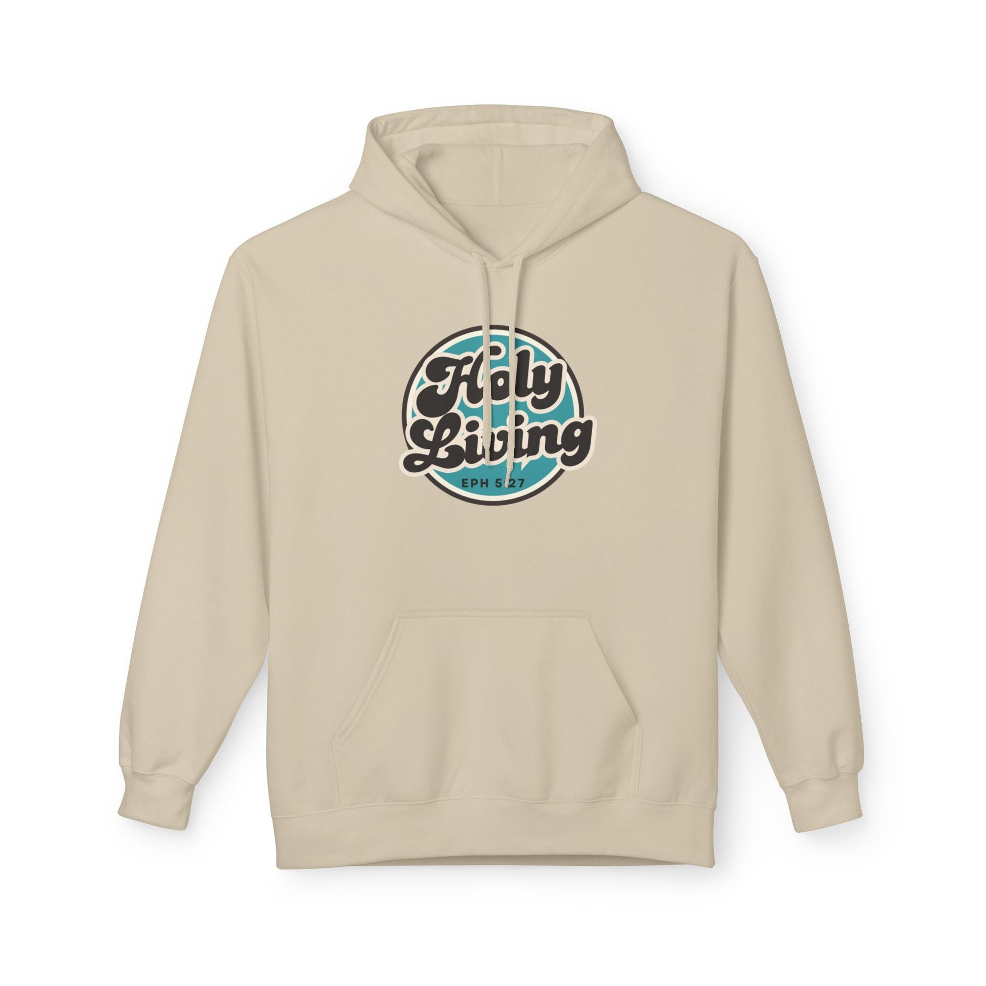 Christ Centered Faith men's Christian hoodie with "Holy Living Ephesians 5:27" text in black with blue circle on beige background.