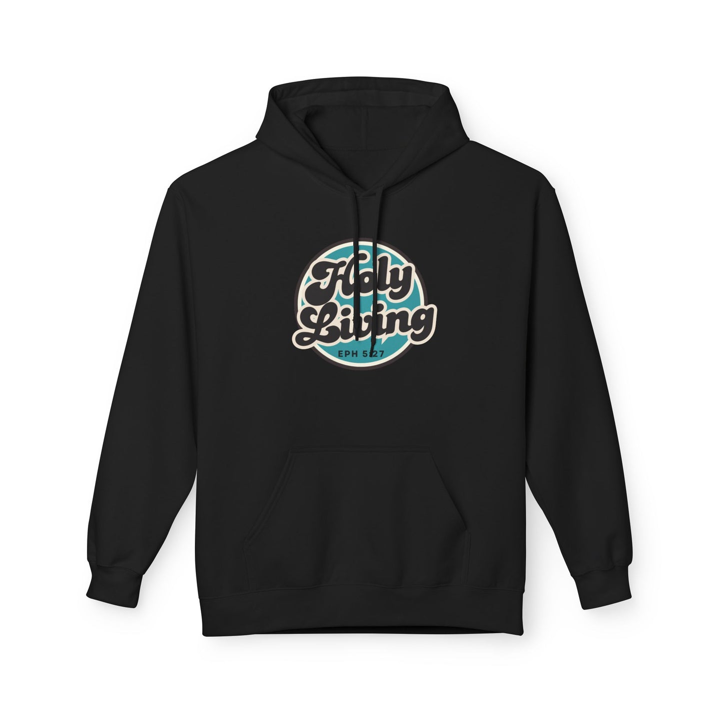 Christ Centered Faith men's Christian hoodie with "Holy Living Ephesians 5:27" text in black with blue circle on black background.