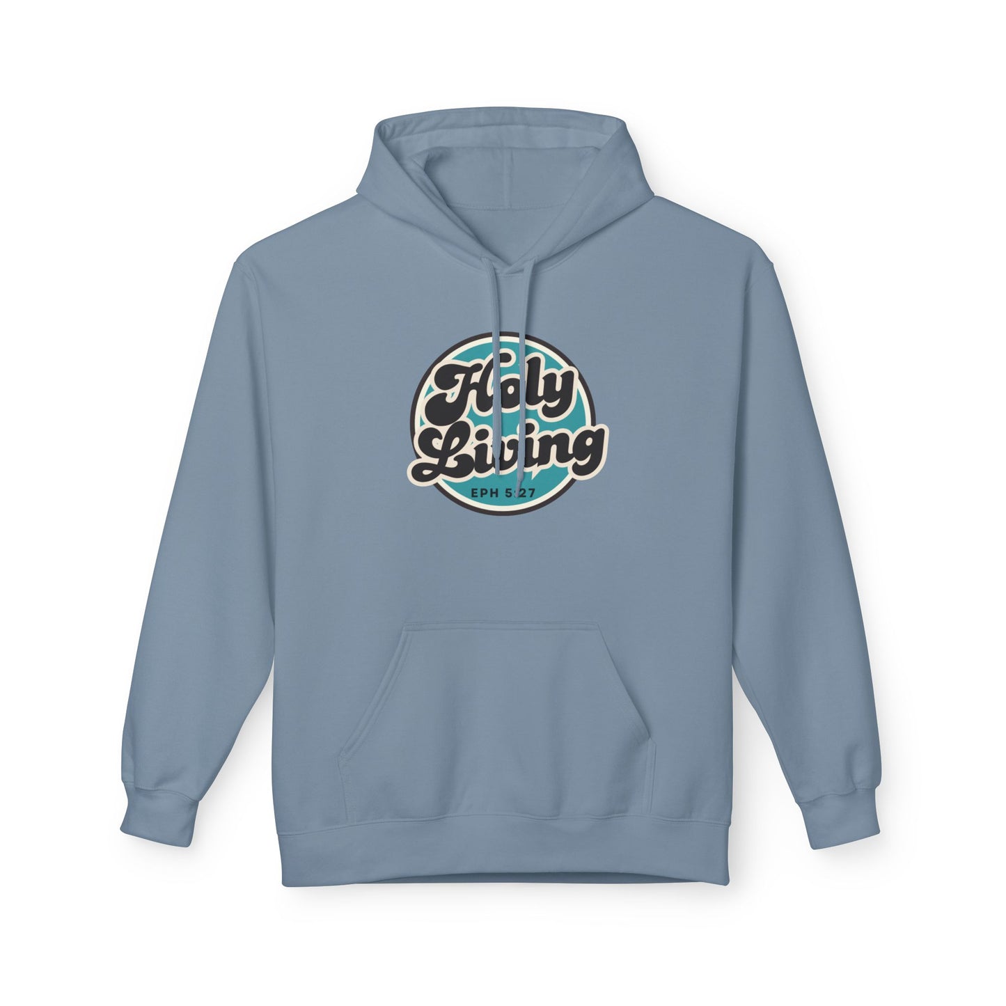 Christ Centered Faith men's Christian hoodie with "Holy Living Ephesians 5:27" text in black with blue circle on blue background.