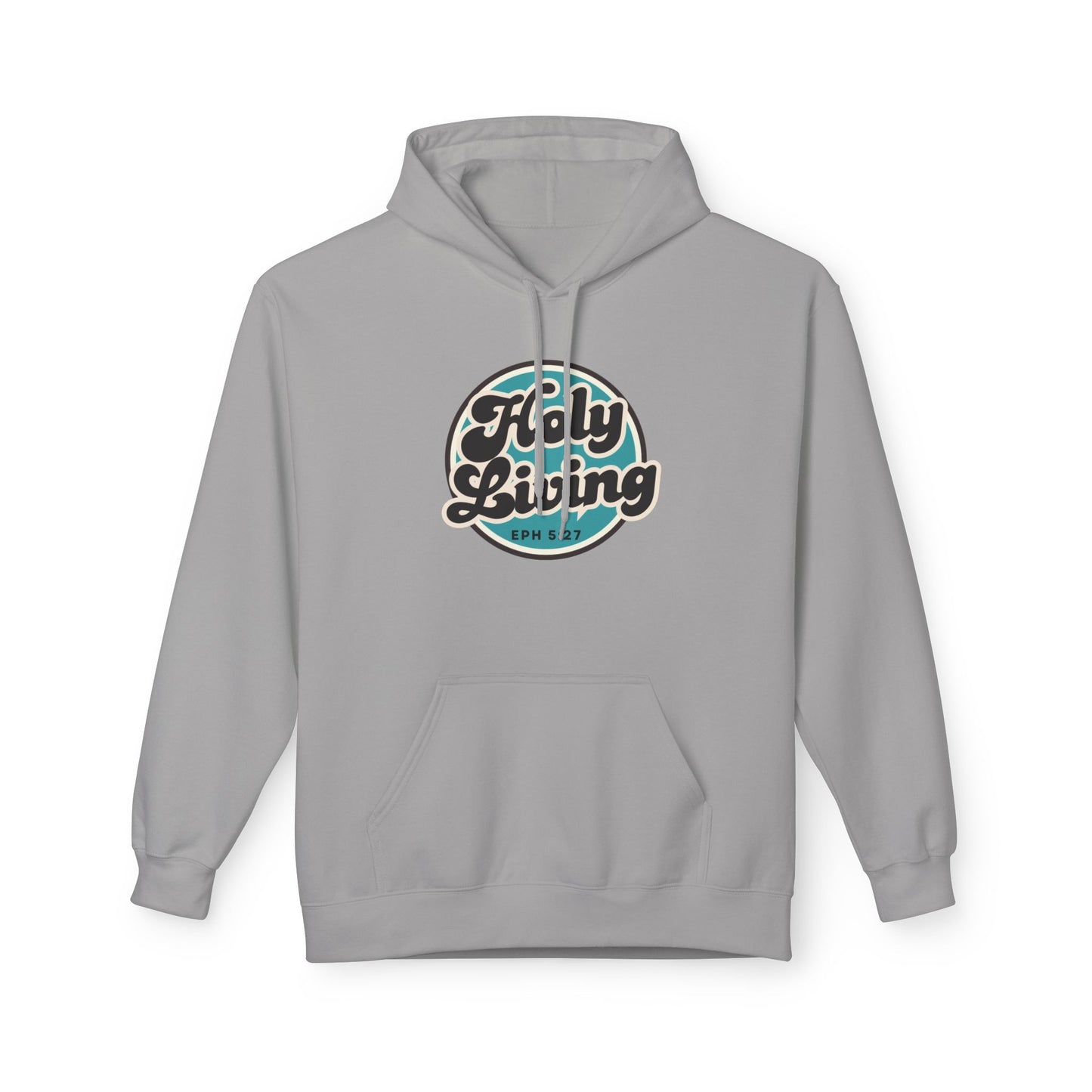 Christ Centered Faith men's Christian hoodie with "Holy Living Ephesians 5:27" text in black with blue circle on gray background.