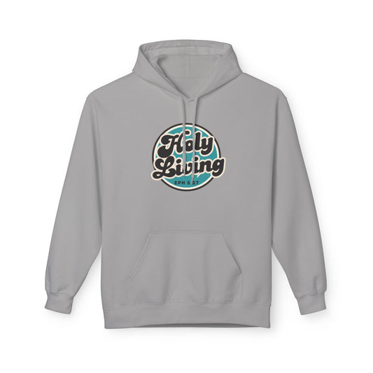 Christ Centered Faith men's Christian hoodie with "Holy Living Ephesians 5:27" text in black with blue circle on gray background.