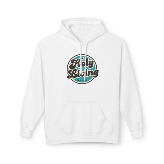 Christ Centered Faith men's Christian hoodie with "Holy Living Ephesians 5:27" text in black with blue circle on white background.
