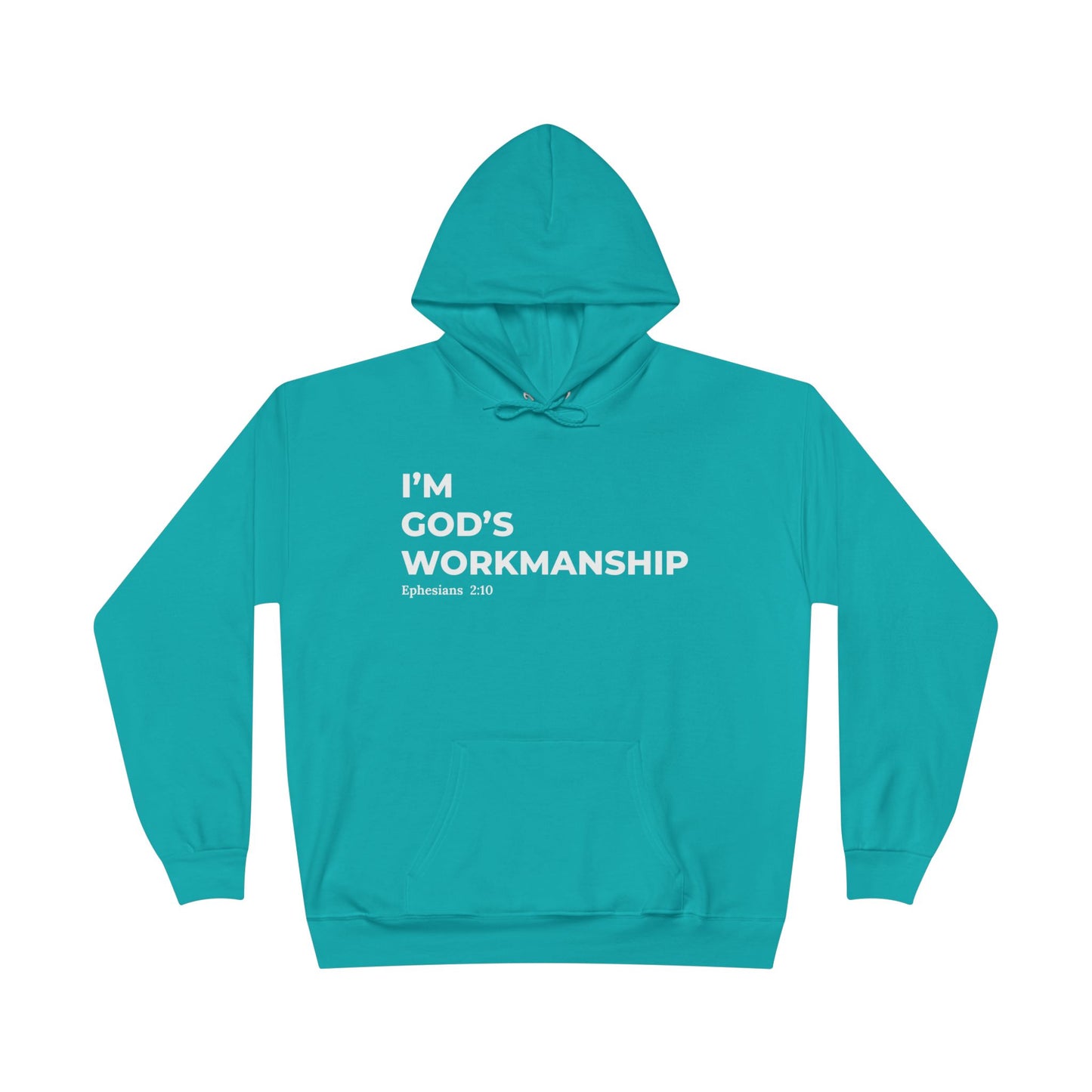 Christ Centered Faith men's Christian hoodie with "I'm God's Workmanship" text and Ephesians 2:10 Bible verse in white on blue background.