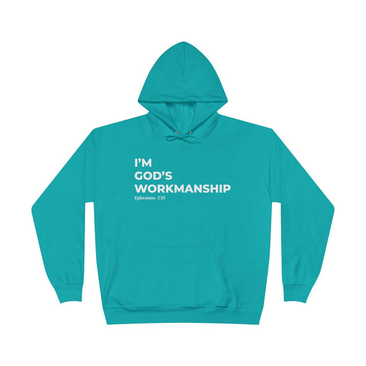 Christ Centered Faith men's Christian hoodie with "I'm God's Workmanship" text and Ephesians 2:10 Bible verse in white on blue background.