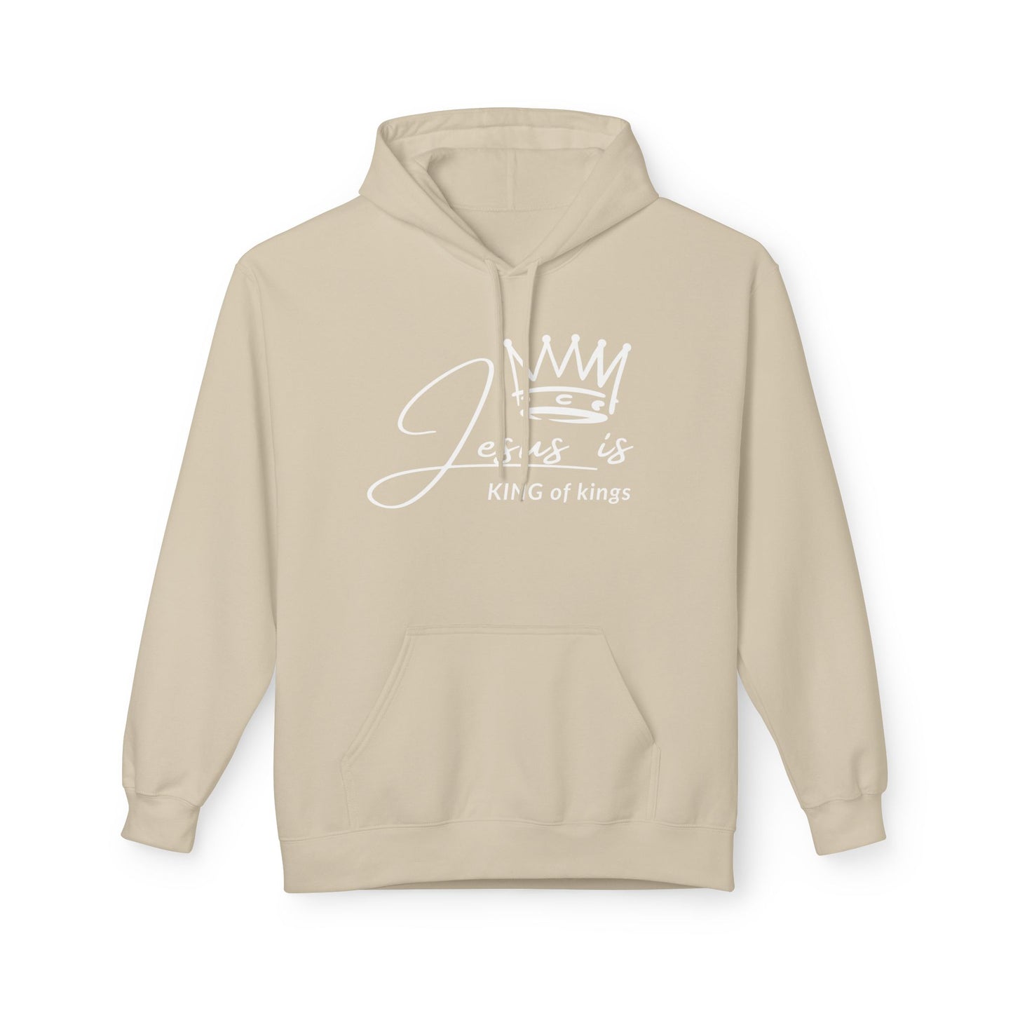 Christ Centered Faith men's Christian hoodie with "Jesus Is King Of Kings" text and crown design in white on beige background.