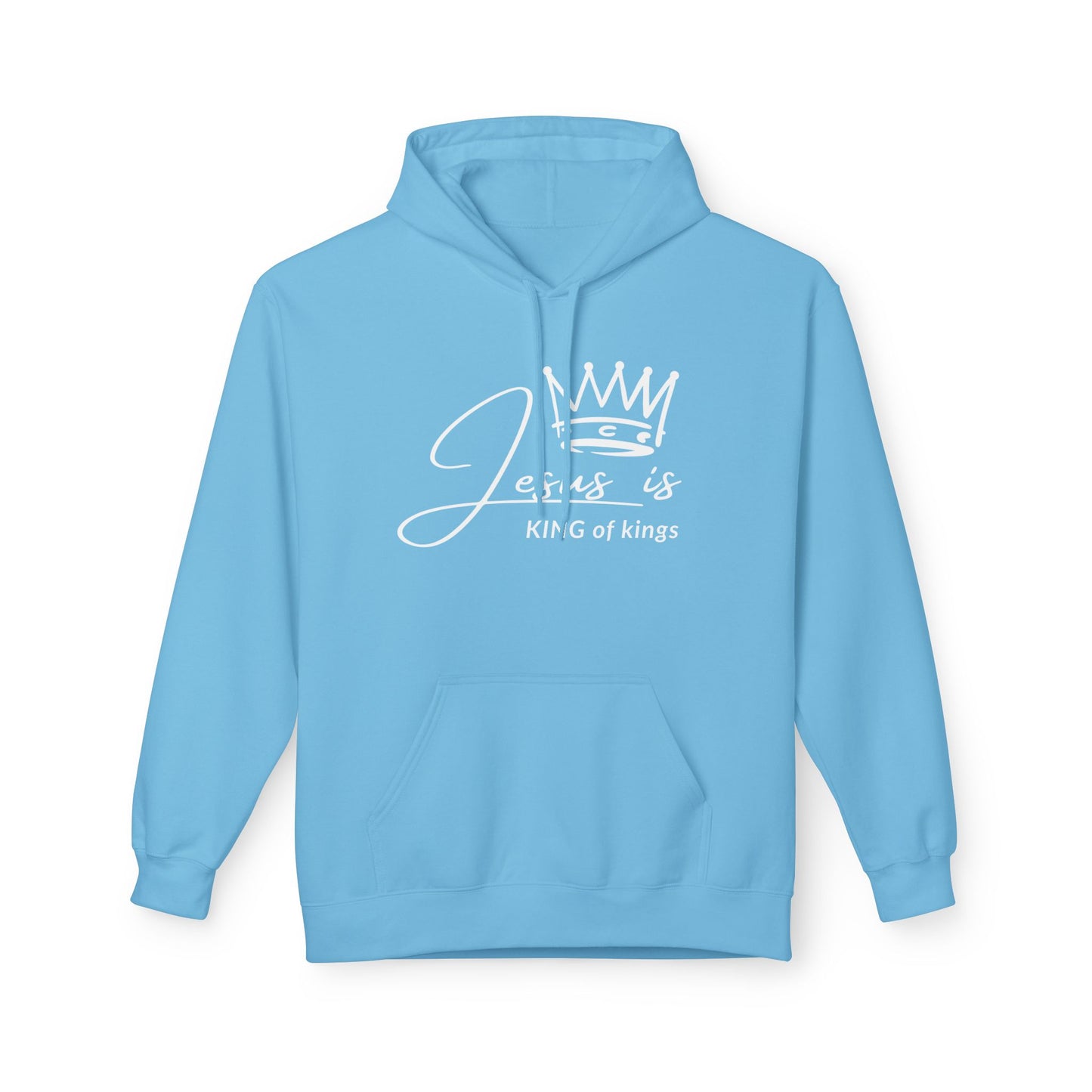 Christ Centered Faith men's Christian hoodie with "Jesus Is King Of Kings" text and crown design in white on blue background.