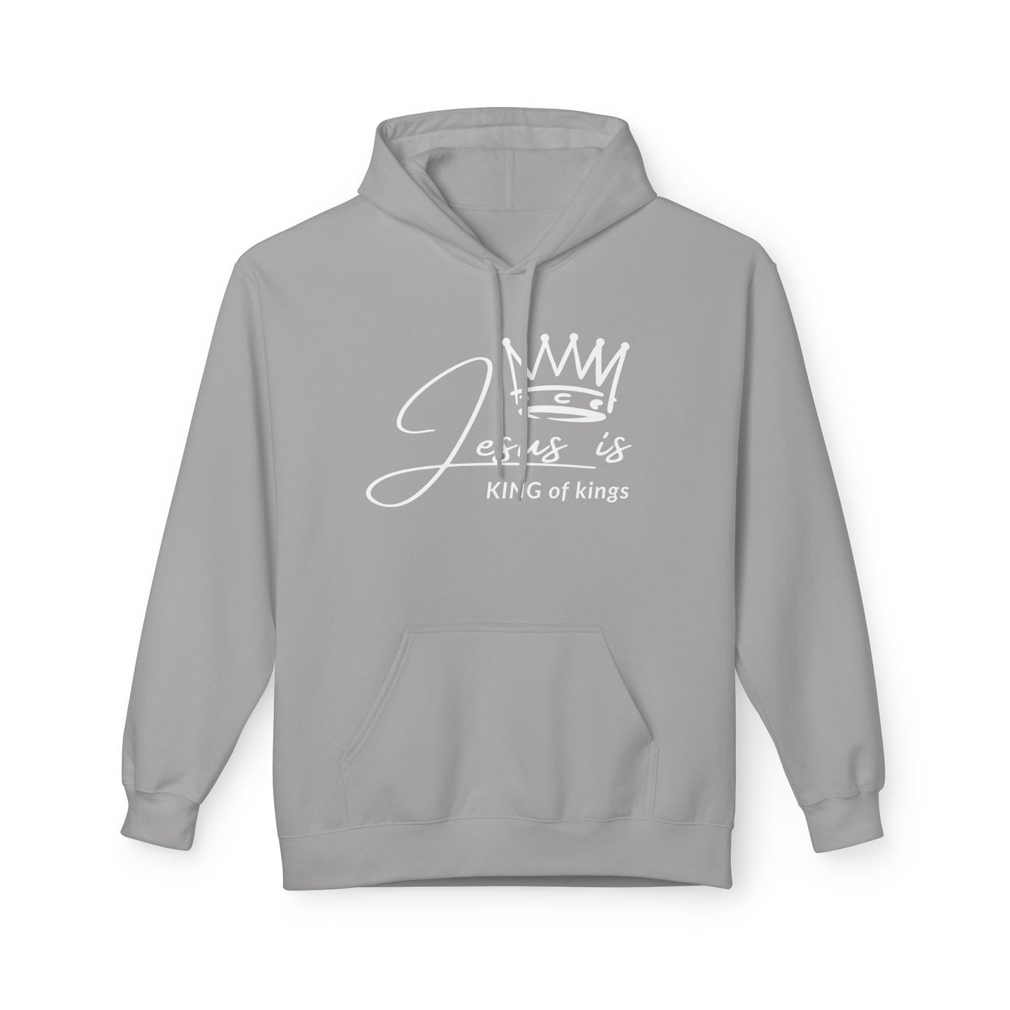 Christ Centered Faith men's Christian hoodie with "Jesus Is King Of Kings" text and crown design in white on gray background.