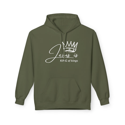 Christ Centered Faith men's Christian hoodie with "Jesus Is King Of Kings" text and crown design in white on military green background.