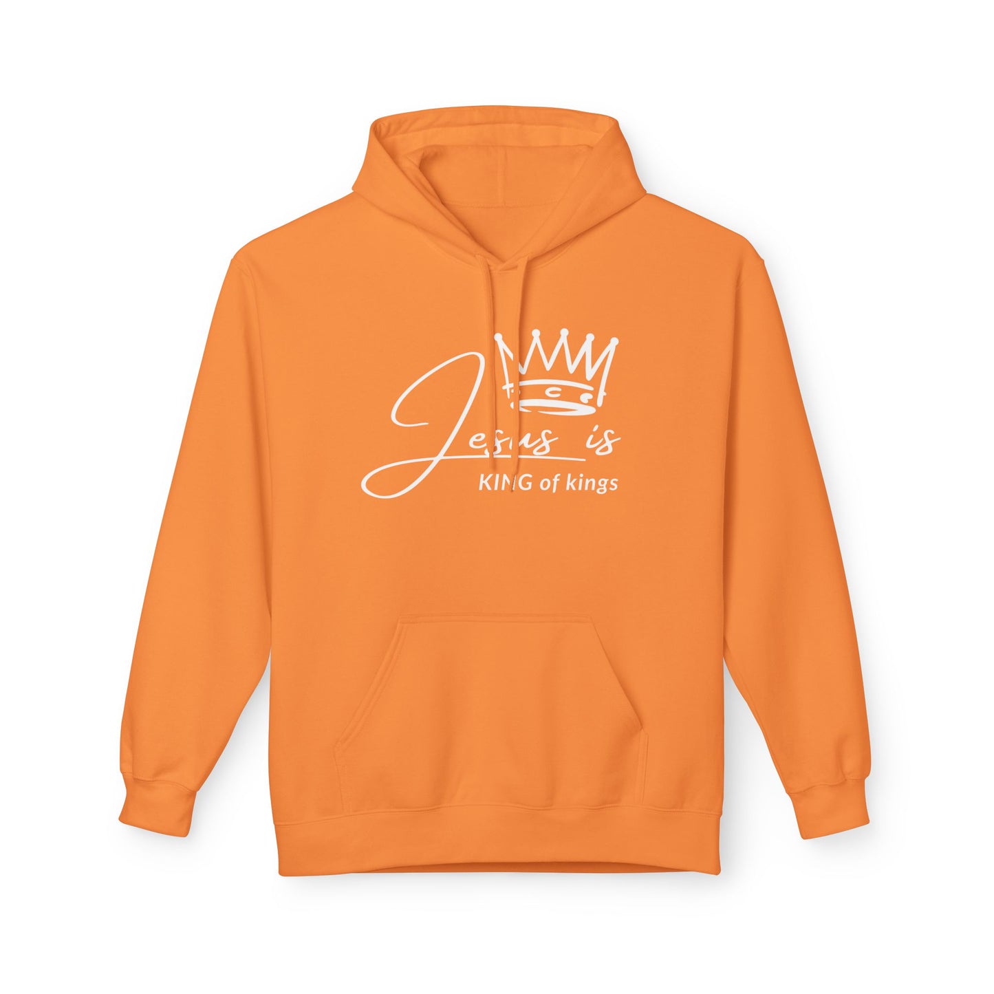 Christ Centered Faith men's Christian hoodie with "Jesus Is King Of Kings" text and crown design in white on orange background.