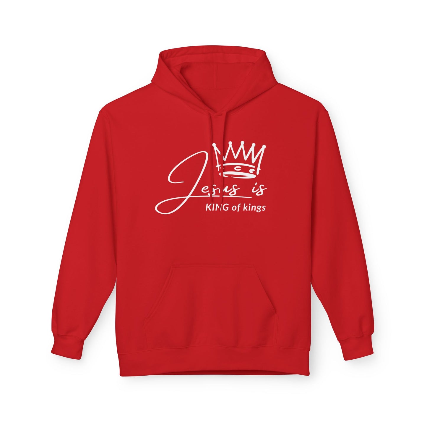 Christ Centered Faith men's Christian hoodie with "Jesus Is King Of Kings" text and crown design in white on red background.