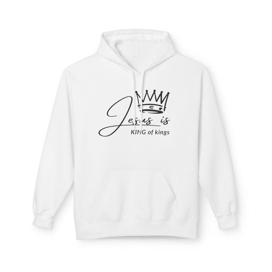 Christ Centered Faith men's Christian hoodie with "Jesus Is King Of Kings" text and crown design in black on white background.
