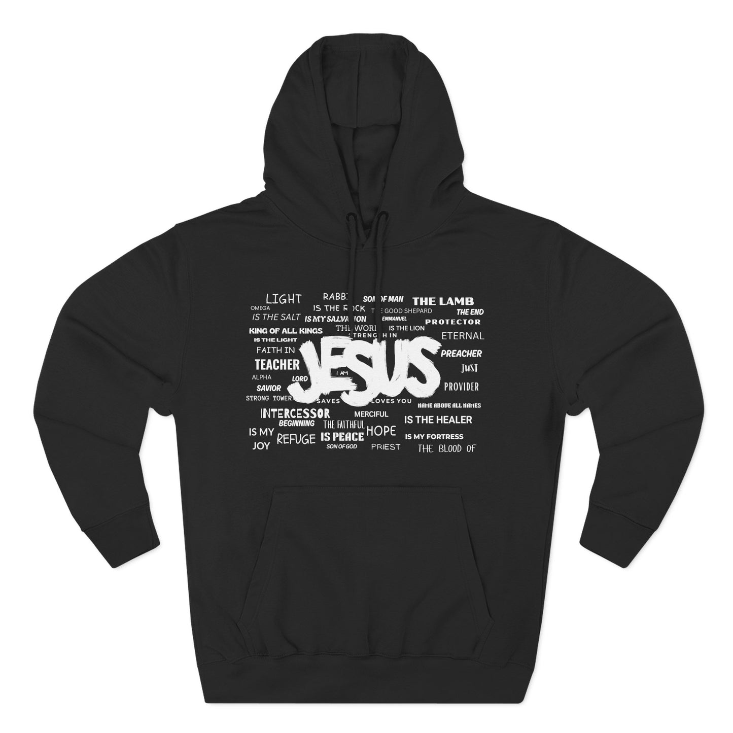 Christ Centered Faith men's Christian hoodie featuring "Jesus" surrounded by alternate names and titles of Christ in white text on black background.