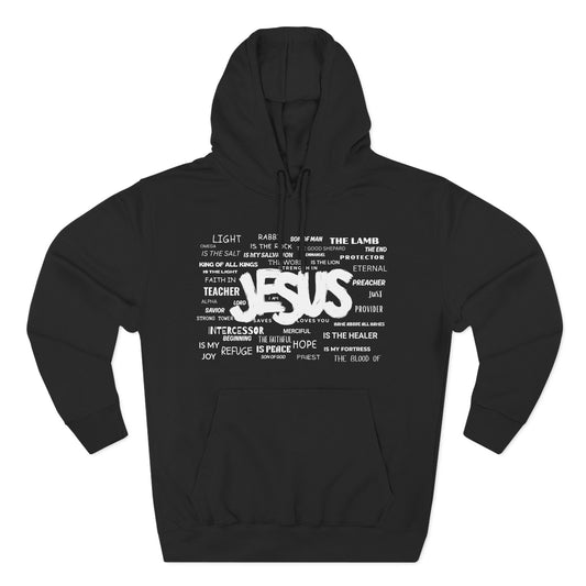 Christ Centered Faith men's Christian hoodie featuring "Jesus" surrounded by alternate names and titles of Christ in white text on black background.