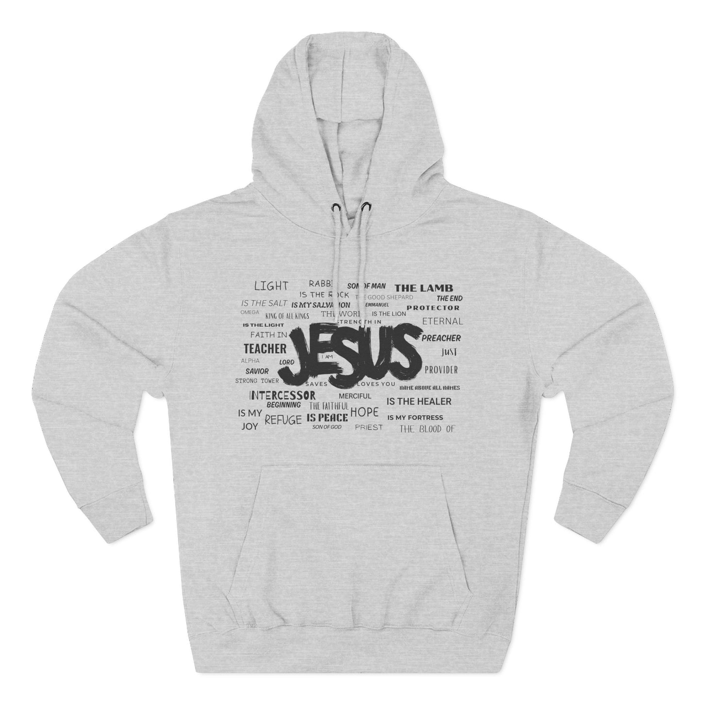Christ Centered Faith men's Christian hoodie featuring "Jesus" surrounded by alternate names and titles of Christ in black text on gray background.