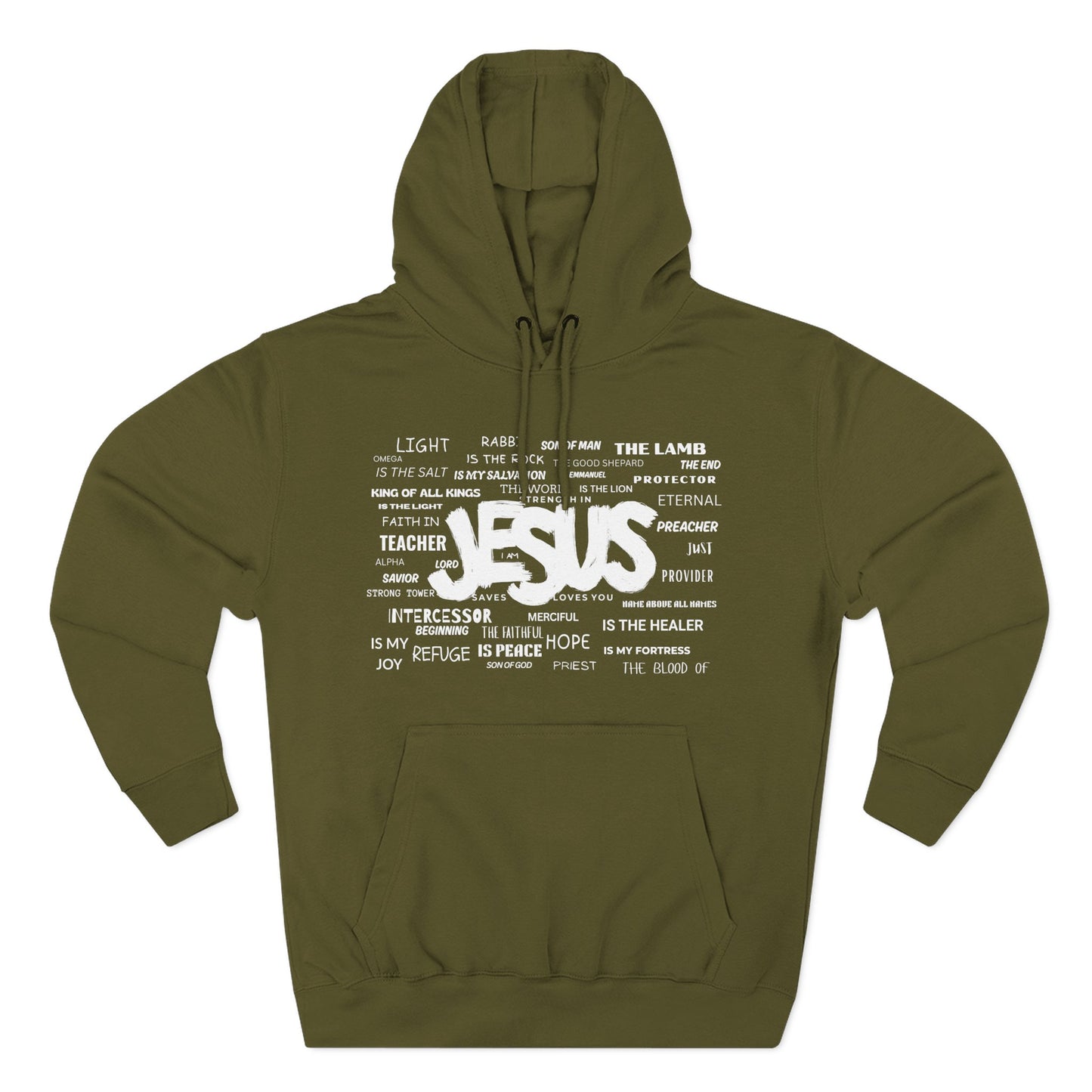 Christ Centered Faith men's Christian hoodie featuring "Jesus" surrounded by alternate names and titles of Christ in white text on military green background.