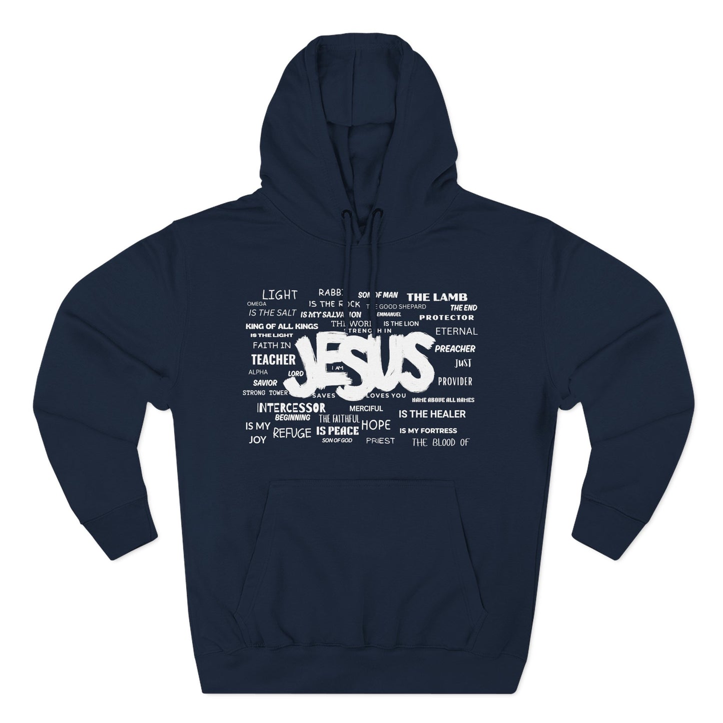 Christ Centered Faith men's Christian hoodie featuring "Jesus" surrounded by alternate names and titles of Christ in white text on navy background.