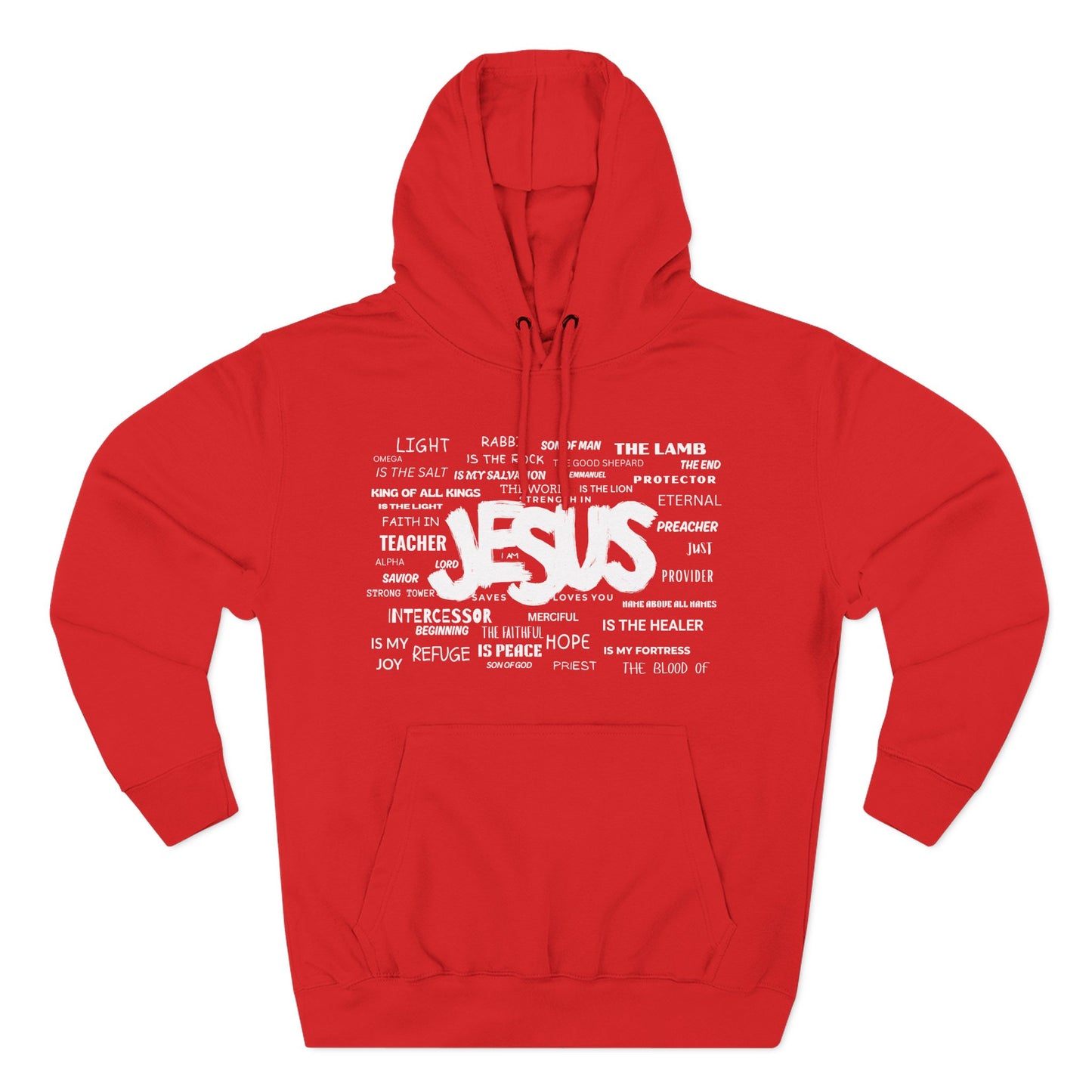 Christ Centered Faith men's Christian hoodie featuring "Jesus" surrounded by alternate names and titles of Christ in white text on red background.