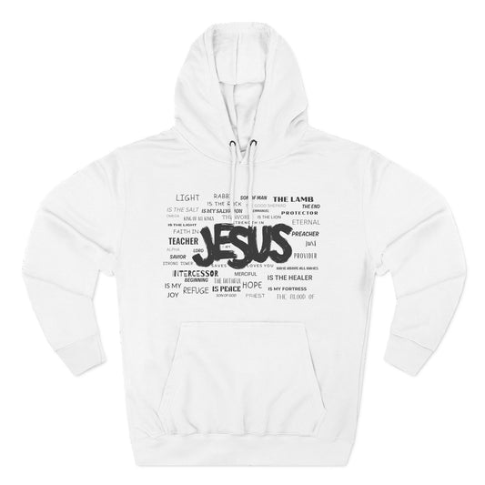 Christ Centered Faith men's Christian hoodie featuring "Jesus" surrounded by alternate names and titles of Christ in black text on white background.
