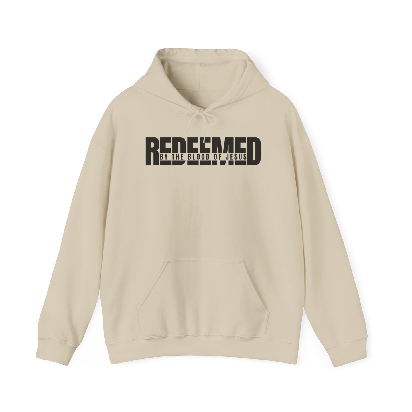 Christ Centered Faith men's Christian hoodie with "Redeemed By The Blood Of Jesus" text in black on beige background.