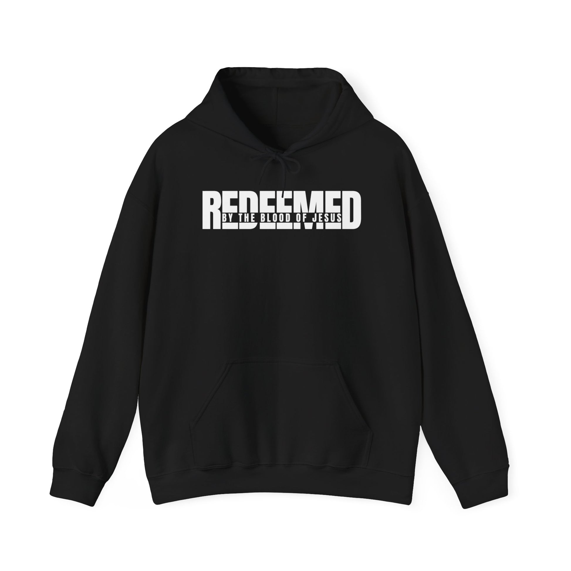 Christ Centered Faith men's Christian hoodie with "Redeemed By The Blood Of Jesus" text in white on black background.