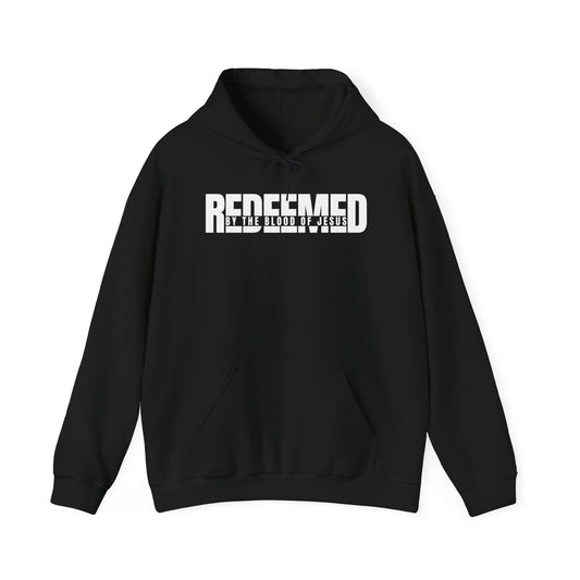Christ Centered Faith men's Christian hoodie with "Redeemed By The Blood Of Jesus" text in white on black background.