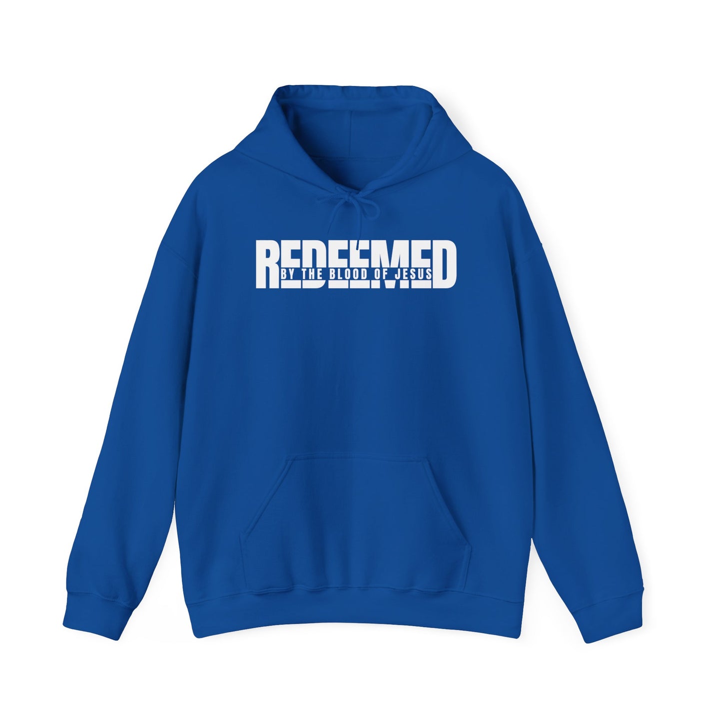 Christ Centered Faith men's Christian hoodie with "Redeemed By The Blood Of Jesus" text in white on blue background.