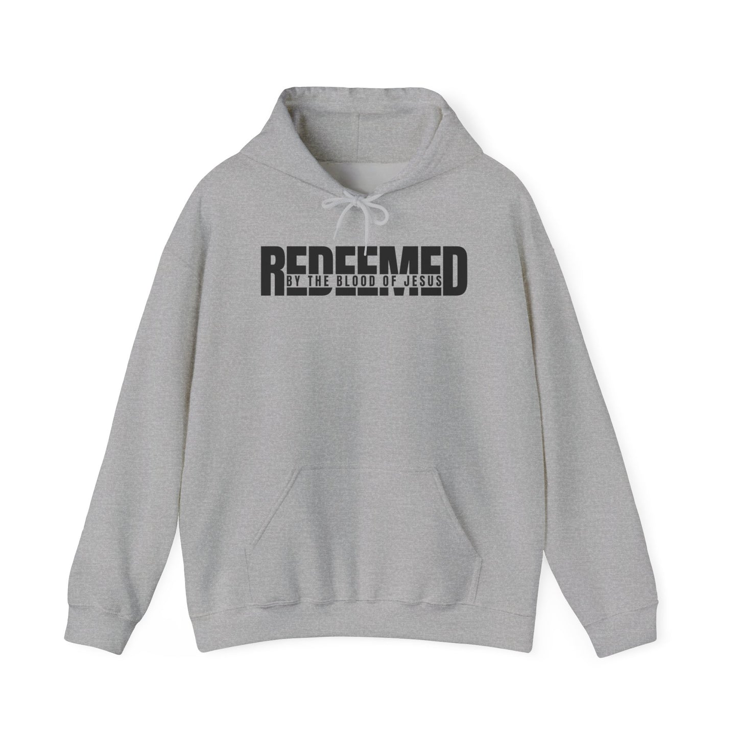 Christ Centered Faith men's Christian hoodie with "Redeemed By The Blood Of Jesus" text in black on gray background.