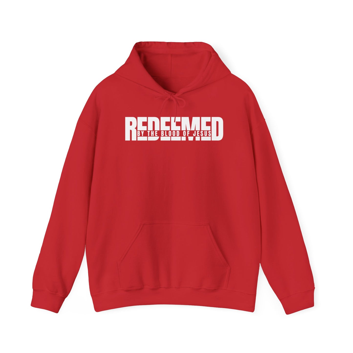 Christ Centered Faith men's Christian hoodie with "Redeemed By The Blood Of Jesus" text in white on red background.