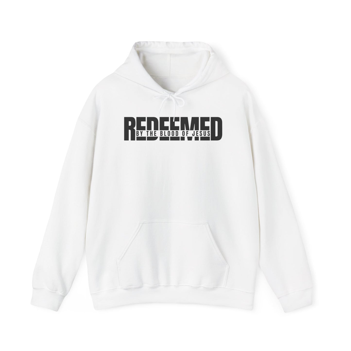 Christ Centered Faith men's Christian hoodie with "Redeemed By The Blood Of Jesus" text in black on white background.