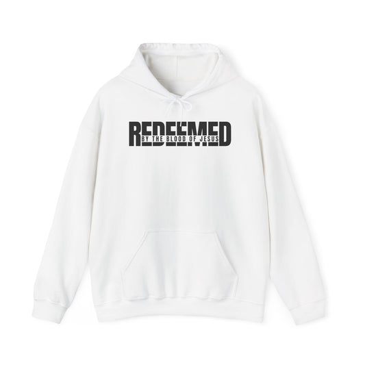Christ Centered Faith men's Christian hoodie with "Redeemed By The Blood Of Jesus" text in black on white background.