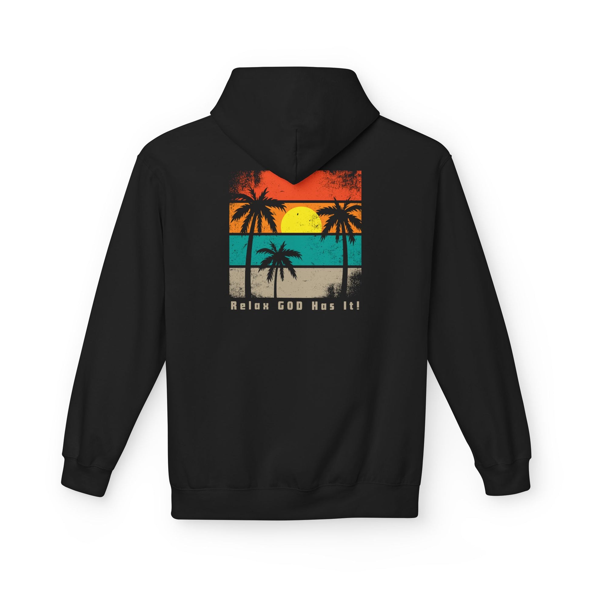 Christ Centered Faith men's Christian hoodie with "Relax God Has It" text in gray and retro multicolor beach, sun and palm tree design on black background.