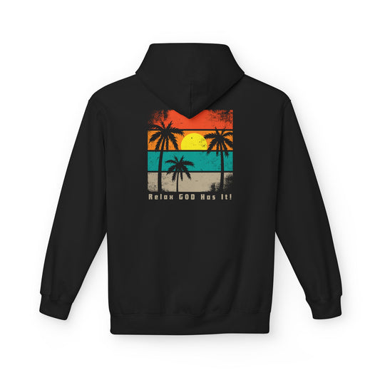Christ Centered Faith men's Christian hoodie with "Relax God Has It" text in gray and retro multicolor beach, sun and palm tree design on black background.