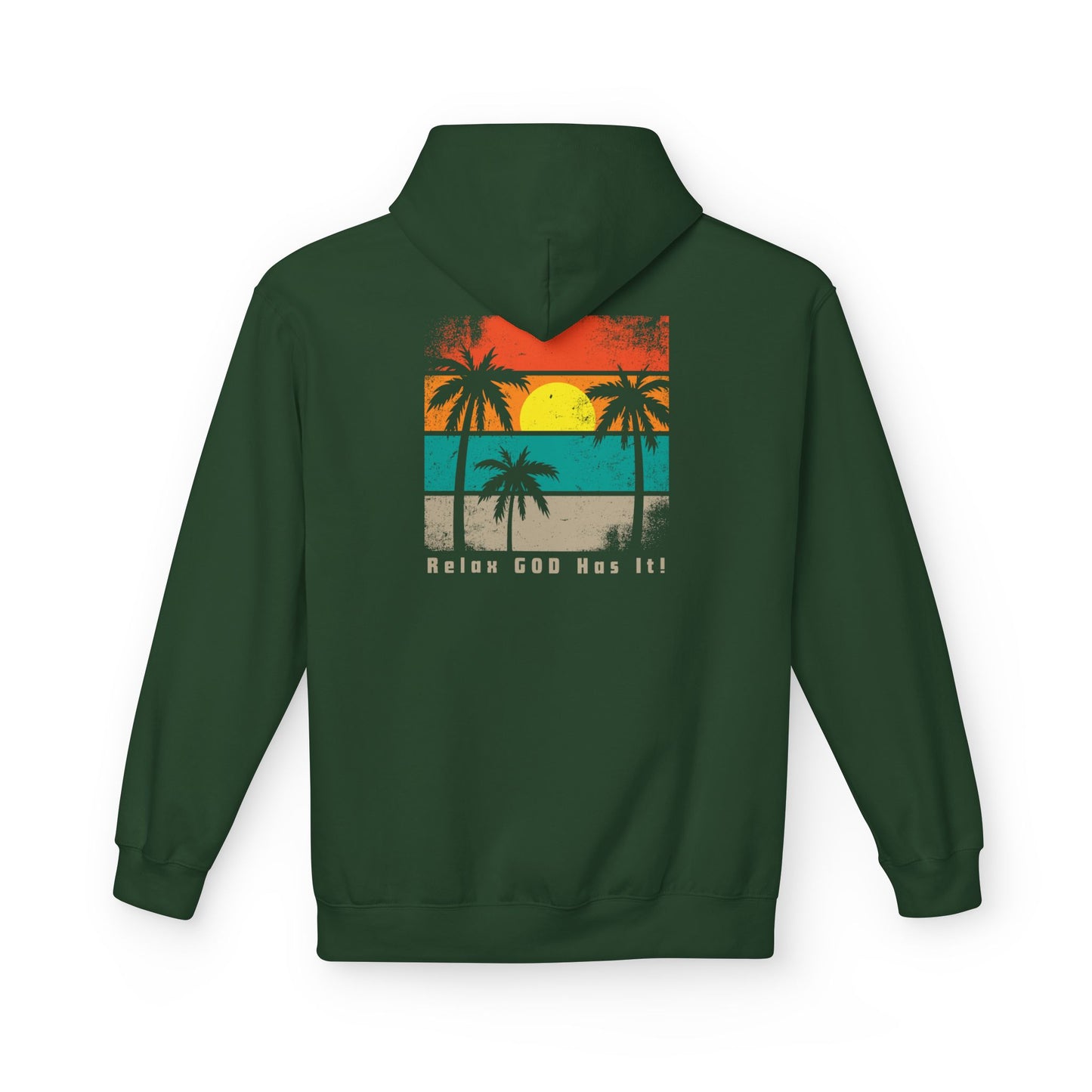 Christ Centered Faith men's Christian hoodie with "Relax God Has It" text in gray and retro multicolor beach, sun and palm tree design on green background.
