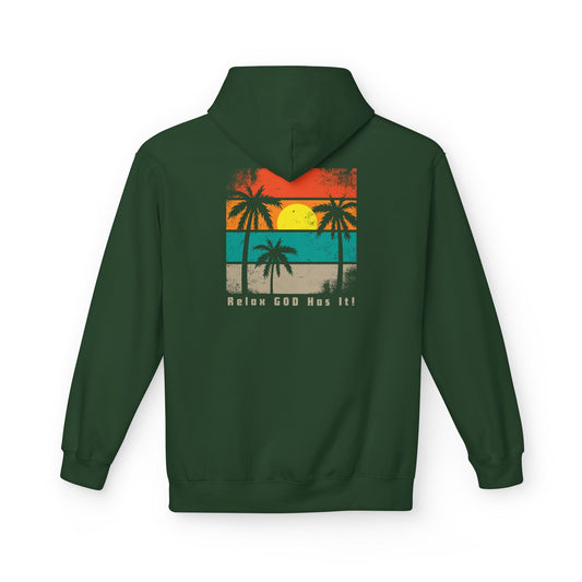 Christ Centered Faith men's Christian hoodie with "Relax God Has It" text in gray and retro multicolor beach, sun and palm tree design on green background.