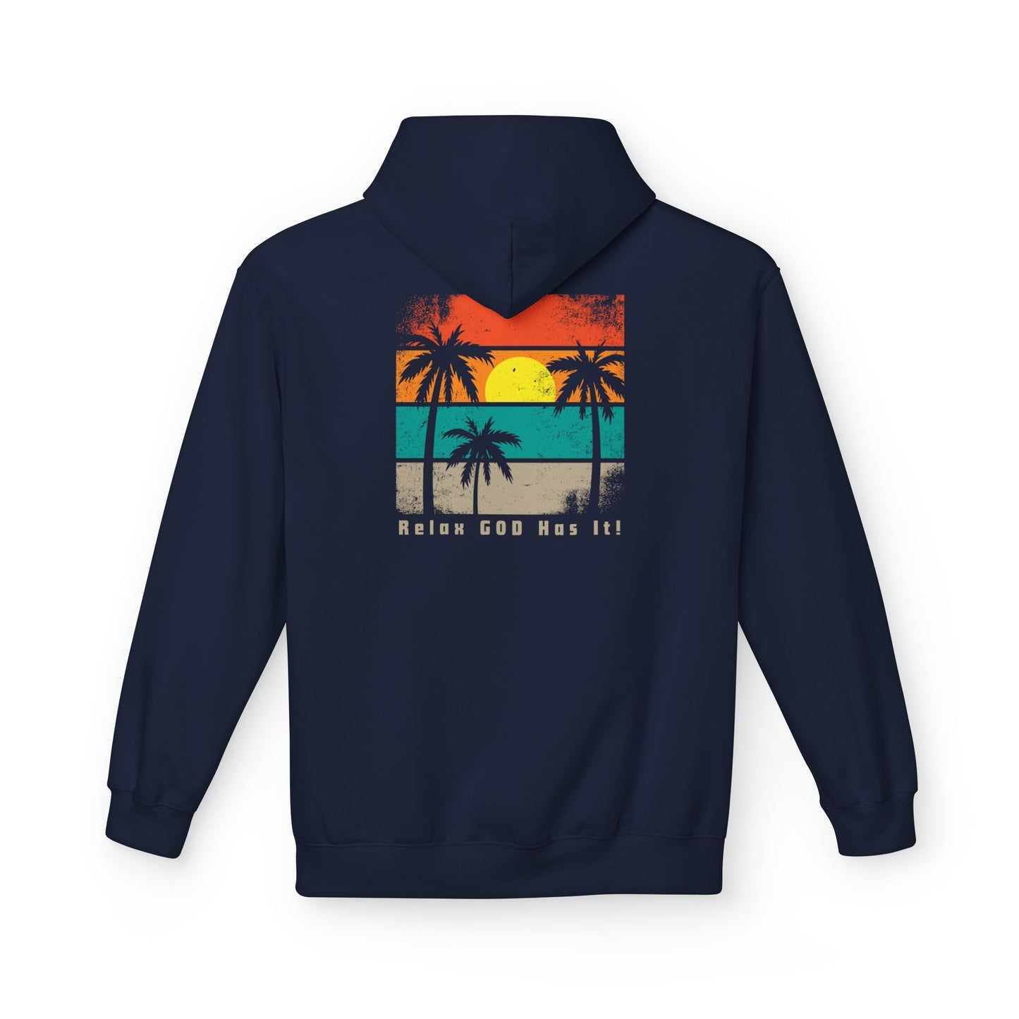 Christ Centered Faith men's Christian hoodie with "Relax God Has It" text in gray and retro multicolor beach, sun and palm tree design on navy background.