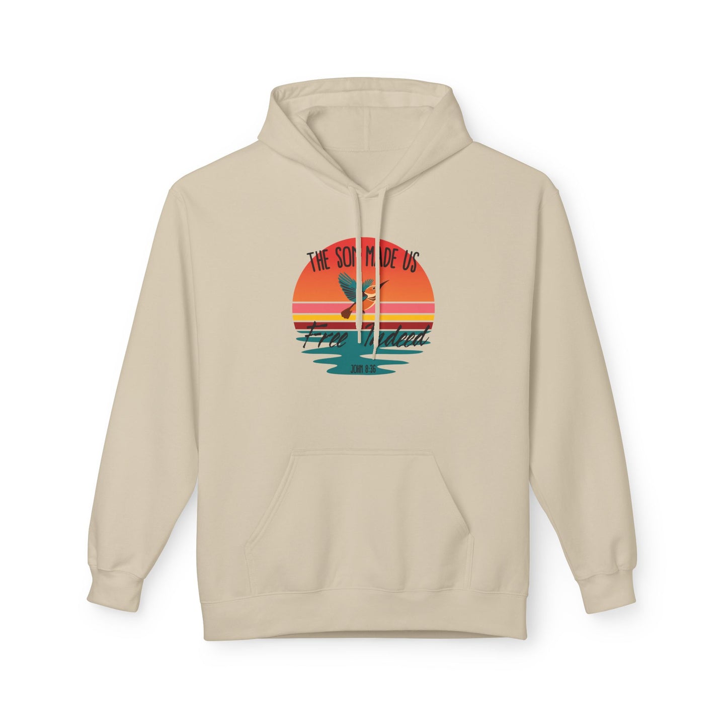 Christ Centered Faith men's Christian hoodie with "The Son Made Us Free Indeed" and John 8:36 Bible verse text in black over retro sunset and hummingbird design on beige background.