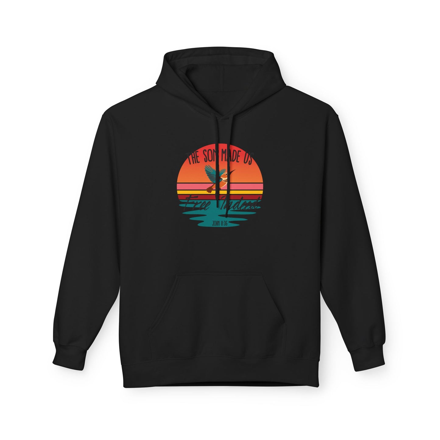 Christ Centered Faith men's Christian hoodie with "The Son Made Us Free Indeed" and John 8:36 Bible verse text in black over retro sunset and hummingbird design on black background.