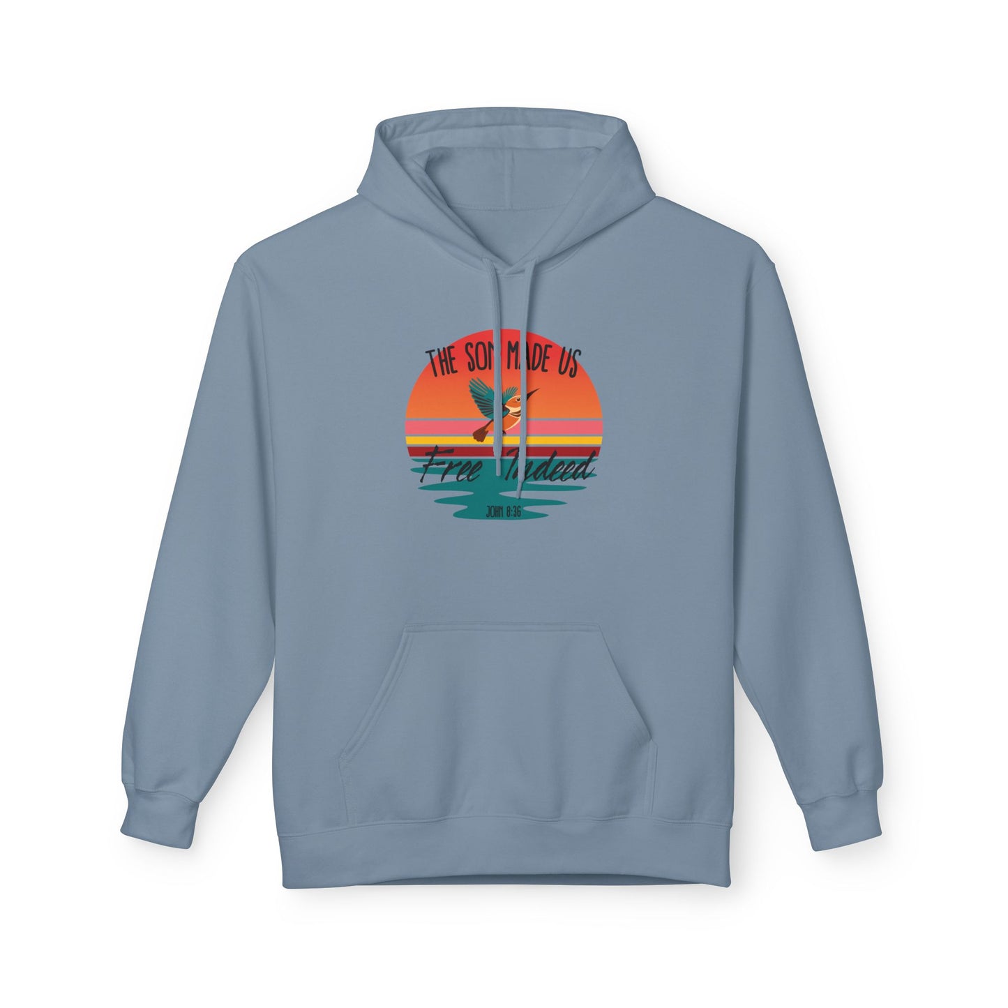 Christ Centered Faith men's Christian hoodie with "The Son Made Us Free Indeed" and John 8:36 Bible verse text in black over retro sunset and hummingbird design on blue background.