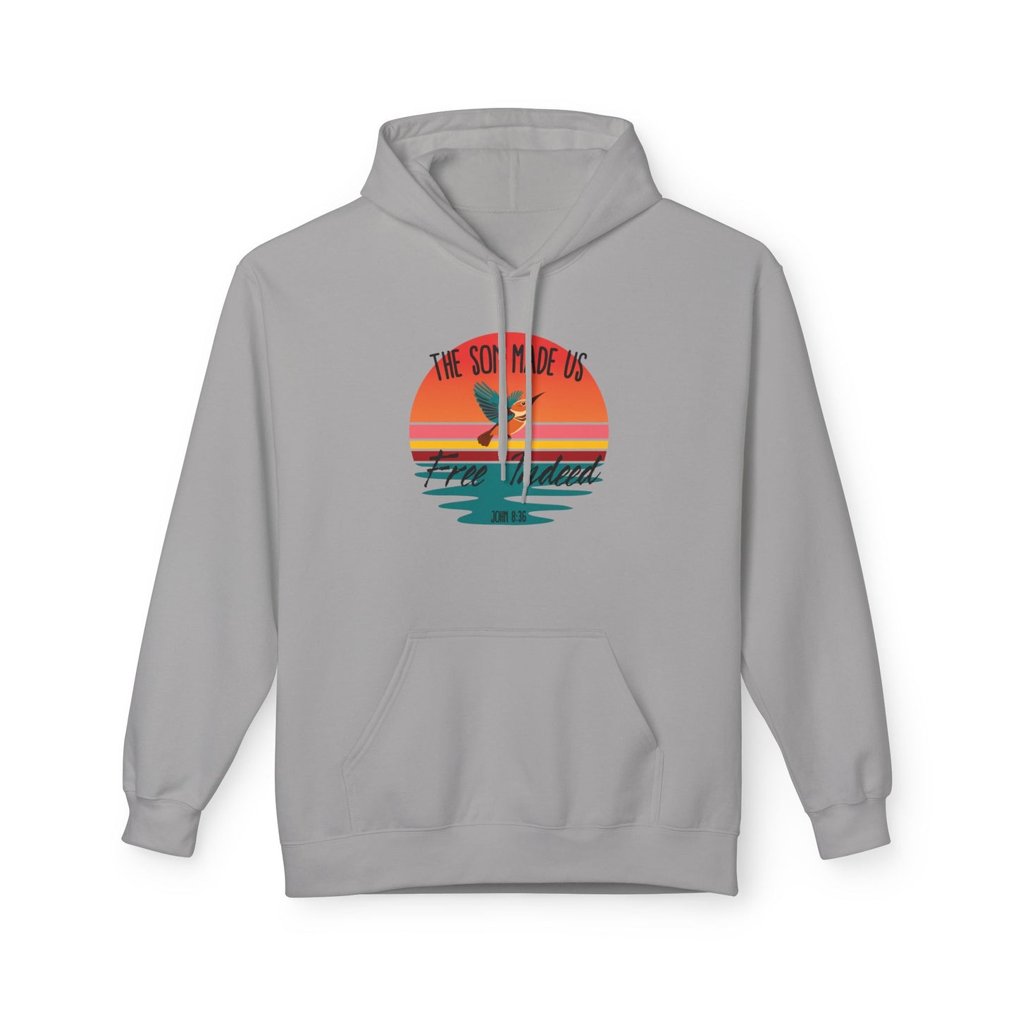 Christ Centered Faith men's Christian hoodie with "The Son Made Us Free Indeed" and John 8:36 Bible verse text in black over retro sunset and hummingbird design on gray background.