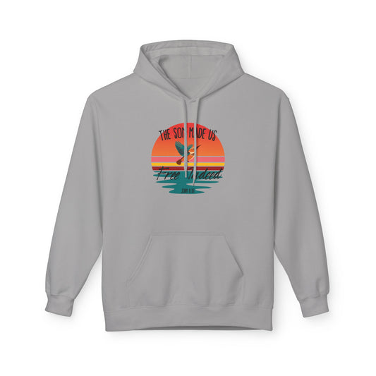 Christ Centered Faith men's Christian hoodie with "The Son Made Us Free Indeed" and John 8:36 Bible verse text in black over retro sunset and hummingbird design on gray background.