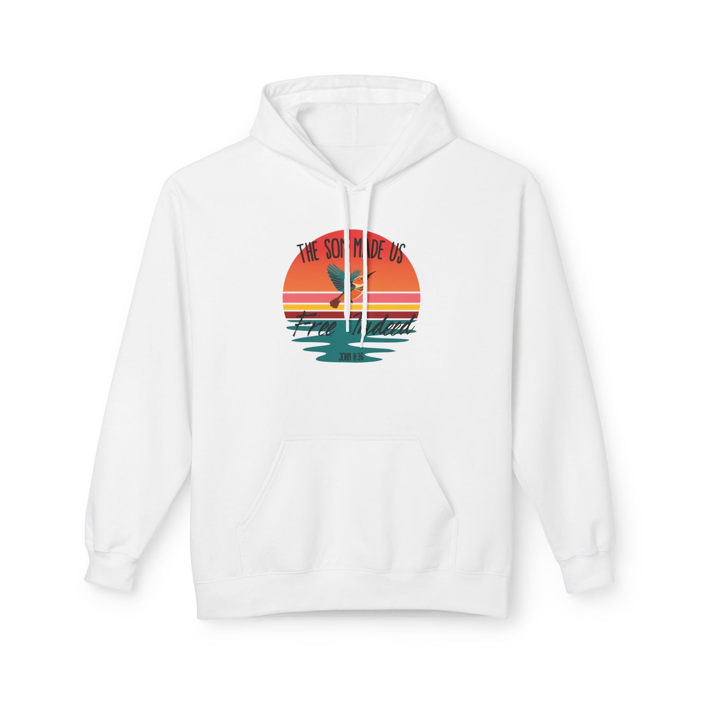 Christ Centered Faith men's Christian hoodie with "The Son Made Us Free Indeed" and John 8:36 Bible verse text in black over retro sunset and hummingbird design on white background.