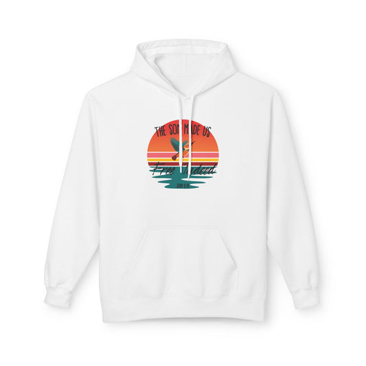 Christ Centered Faith men's Christian hoodie with "The Son Made Us Free Indeed" and John 8:36 Bible verse text in black over retro sunset and hummingbird design on white background.