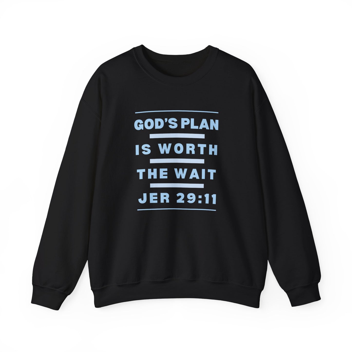 Christ Centered Faith men's Christian sweatshirt with "God's Plan Is Worth The Wait Jeremiah 29:11" text in blue on black background.