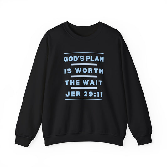 Christ Centered Faith men's Christian sweatshirt with "God's Plan Is Worth The Wait Jeremiah 29:11" text in blue on black background.