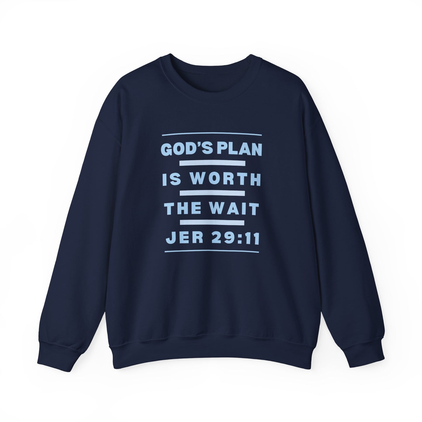 Christ Centered Faith men's Christian sweatshirt with "God's Plan Is Worth The Wait Jeremiah 29:11" text in blue on navy background.
