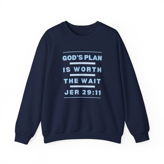 Christ Centered Faith men's Christian sweatshirt with "God's Plan Is Worth The Wait Jeremiah 29:11" text in blue on navy background.