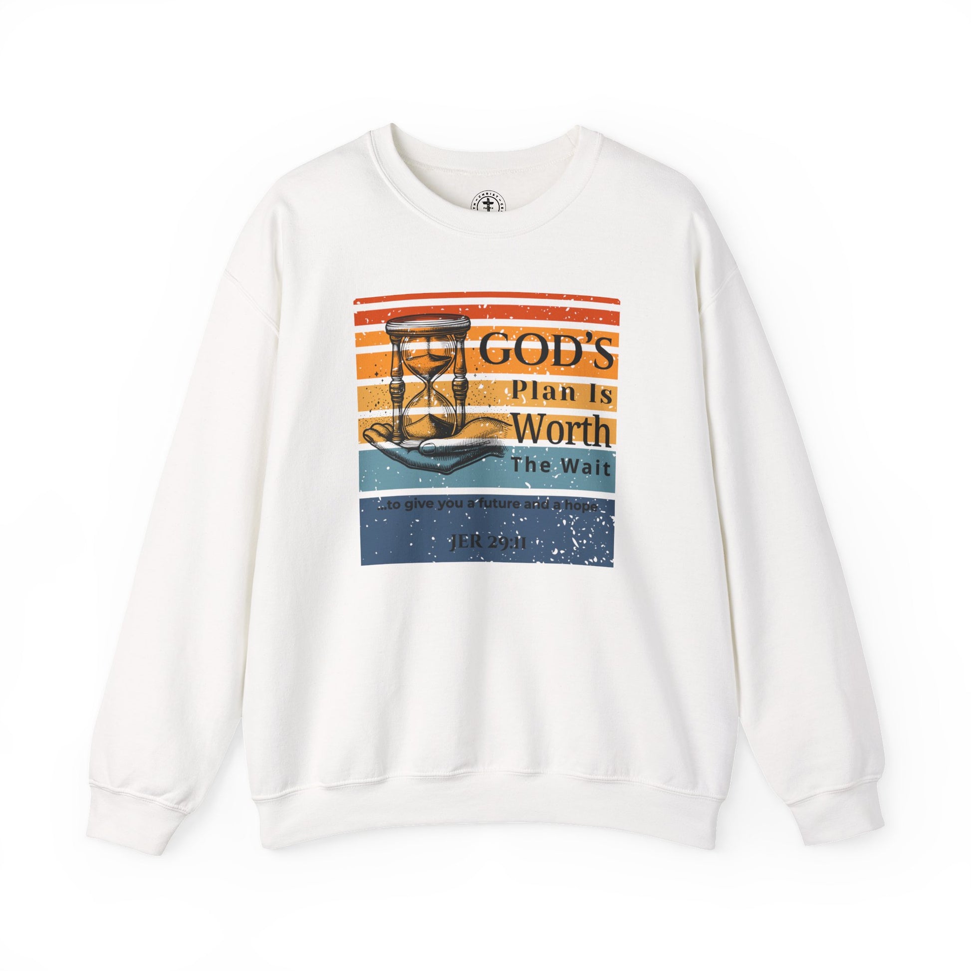 Christ Centered Faith men's Christian sweatshirt with "God's Plan Is Worth The Wait" and Jeremiah 29:11 Bible verse text in black over multicolor retro stripes and sunset design on white background.