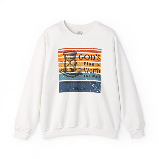 Christ Centered Faith men's Christian sweatshirt with "God's Plan Is Worth The Wait" and Jeremiah 29:11 Bible verse text in black over multicolor retro stripes and sunset design on white background.