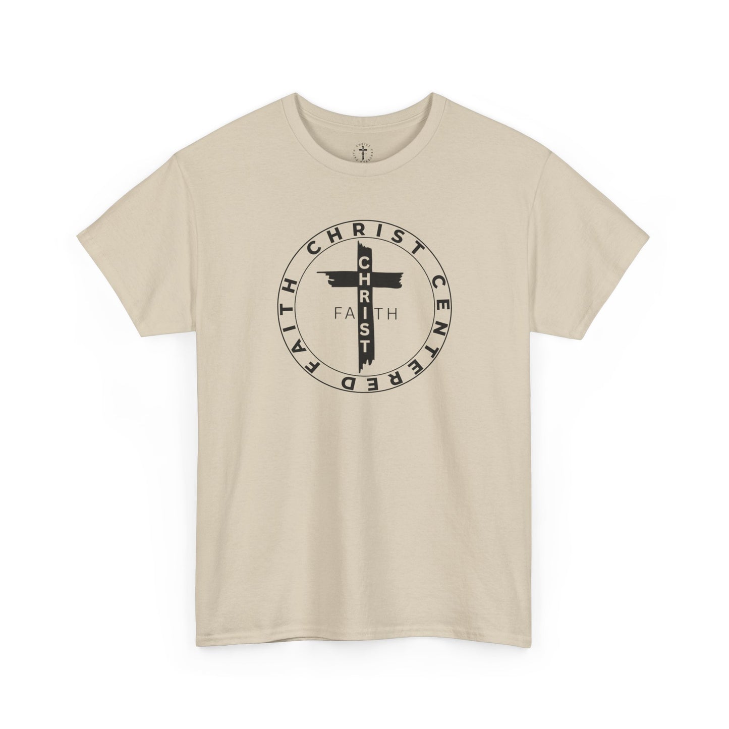 Christ Centered Faith unisex Christian t-shirt with circular "Christ Centered Faith" logo featuring black cross and text in black surrounding vertical beige "Faith" lettering on beige background.
